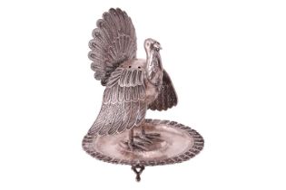 A 19th-century Peruvian silver incense burner in the form of a Turkey, with filigree worked fan tail