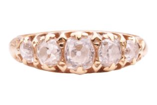 An old cut diamond five stone ring, set with a row of cushion shape old cut diamonds with a total