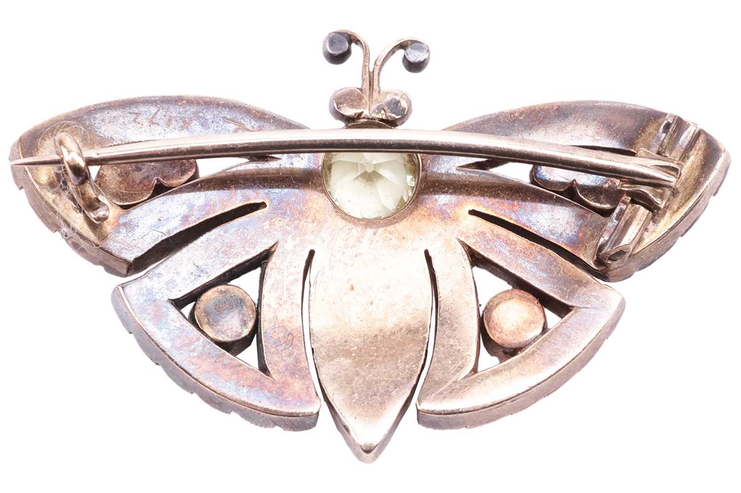 A late Victorian gem-set butterfly brooch, consisting of a circular-cut chrysoberyl thorax and an - Image 4 of 4