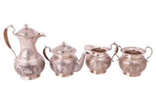 A Persian four-piece tea service, circular, the sides chased and engraved with scenes from daily