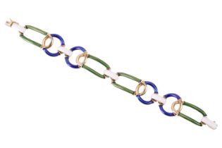 An enamel interlaced link bracelet, comprising a series of curved annular links with blue and