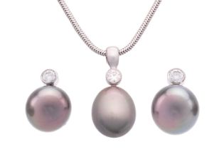 A cultured Tahitian pearl and diamond pendant and earrings en-suite; the pendant on chain features