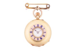 A late Victorian 18ct gold half hunter fob watch, featuring a keyless wound movement in a yellow