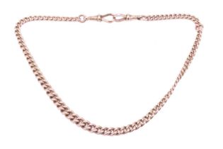A watch chain in 9ct rose gold, comprising a series of curb links terminated with swivel clasps, all