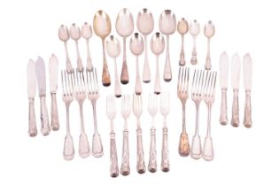 A collection mixed collection of silver flatware including tablespoons, teaspoons, and other items