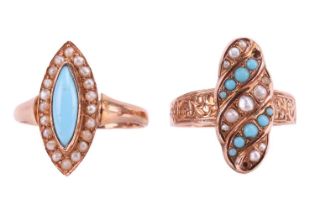 Two turquoise and seed pearl panel rings, the first a navette ring, bezel-set with a turquoise
