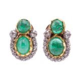 A pair of emerald and diamond earrings, each designed as a cluster set with cabochon emeralds and ol