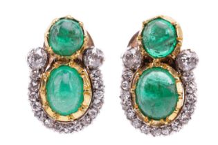 A pair of emerald and diamond earrings, each designed as a cluster set with cabochon emeralds and
