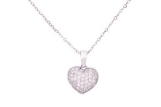 A diamond-set heart pendant, pavé set with round brilliant diamonds, the white metal heart and
