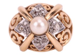 An Ilias Lalaounis pearl and diamond ring, featuring a central cultivated pearl measuring 5.5mm with