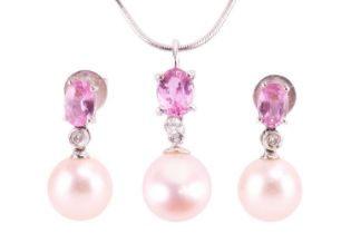 A pendant on chain and a pair of matching earrings set with cultured pearl, pink sapphire and