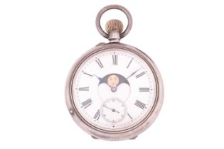 A Moonphase Calender open-face pocket watch with a case stand. Featuring a keyless wound movement in
