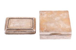 A silver presentation snuff box and a square cigarette box; the snuff box by Francis Clark,