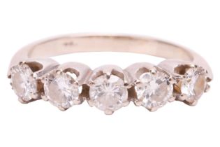 A five-stone diamond ring, the five round brilliant diamonds measuring approximately 3.85mm each,