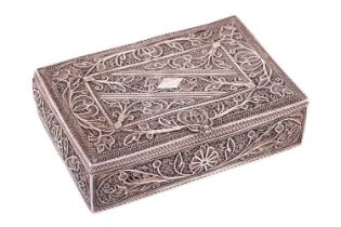 An Indo-Portuguese filigree white metal rectangular betel box (?) unmarked but probably late 19th