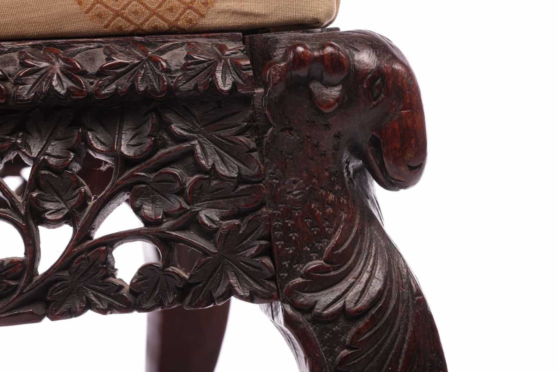 An Indian 'Bombay Carved' padauk slipper chair 19th century, the arched back pierced and carved with - Image 7 of 13
