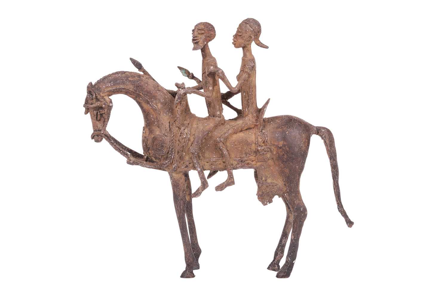 A Dogon copper horse, with two figures, 20th century, 29.5 cm x 31 cm.