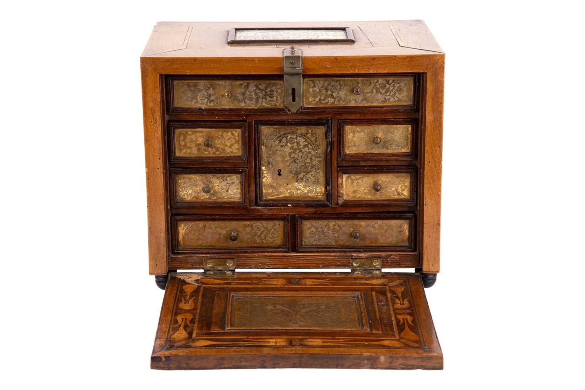 An early to mid 17th century South German Augsburg-type walnut table cabinet, the exterior with simp - Image 2 of 15