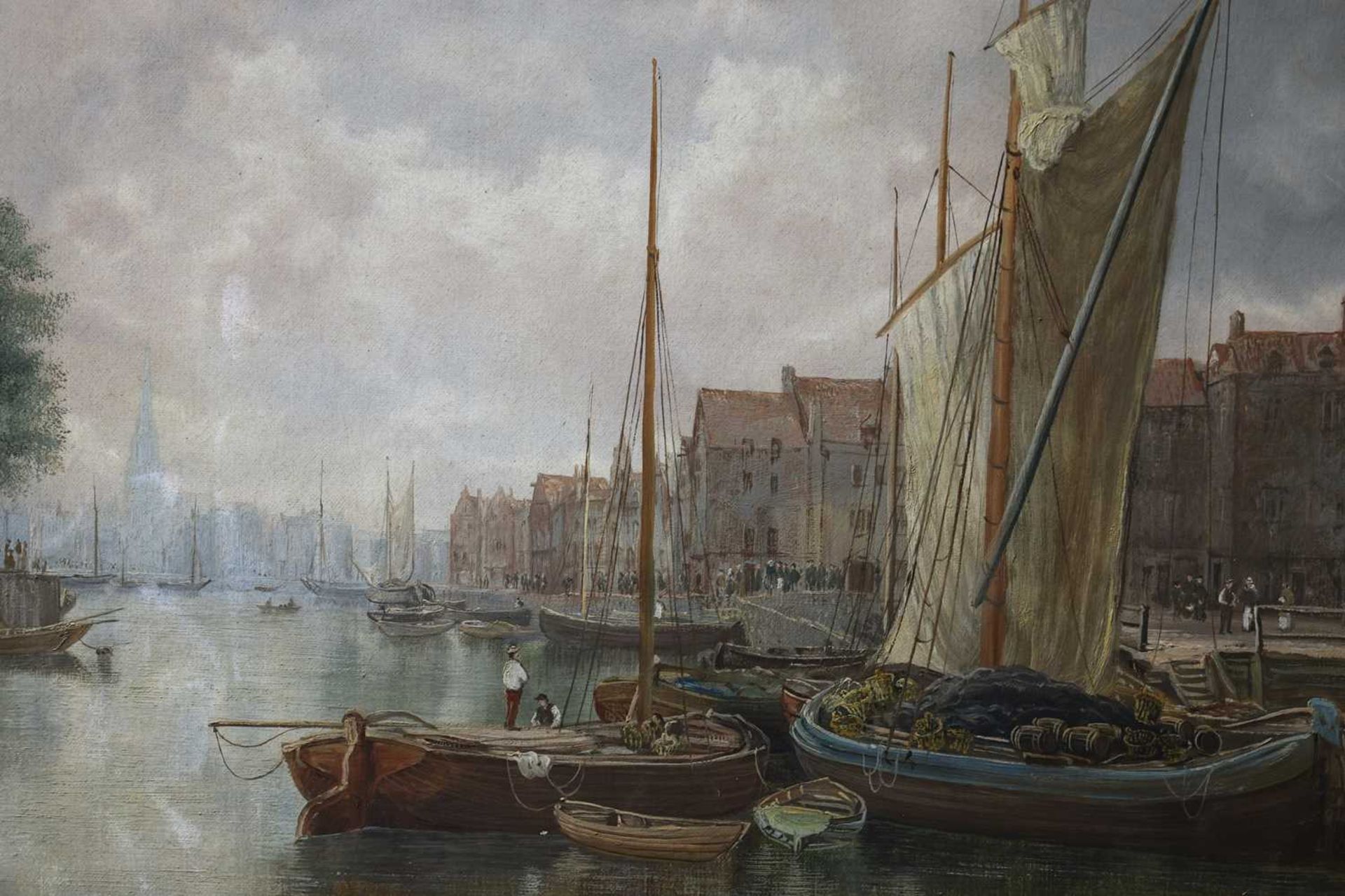 Attributed to William Howard (1879 - 1945) German, Vessels in a town harbour, unsigned, oil on canva - Image 3 of 8
