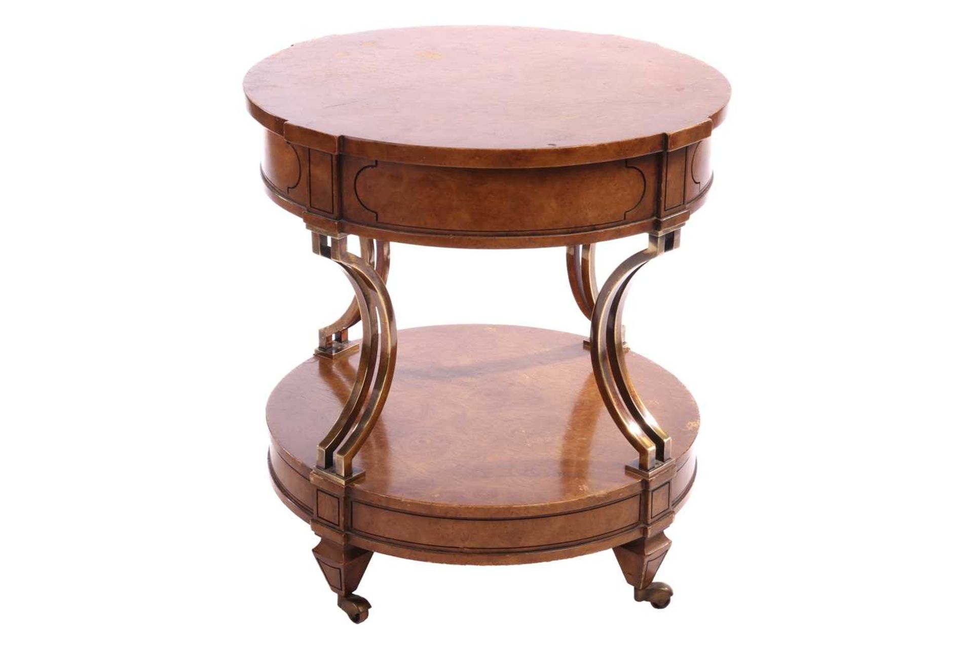 A French Empire-style two-tier drum burr walnut table with concave gilt brass supports over a confor - Image 10 of 10