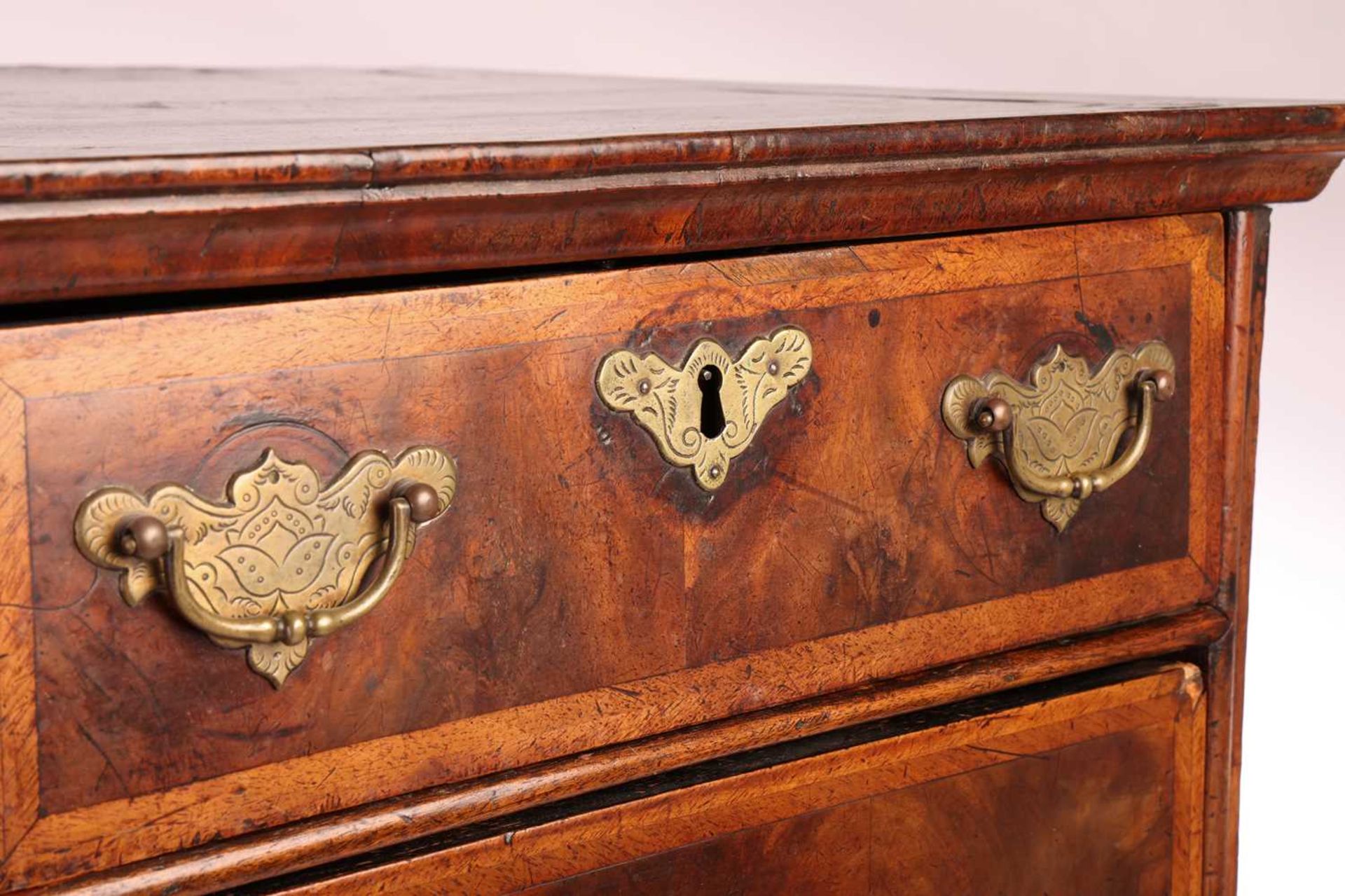 A 17th-century and later figured walnut chest on stand, the upper section with quarter veneered top  - Image 6 of 7