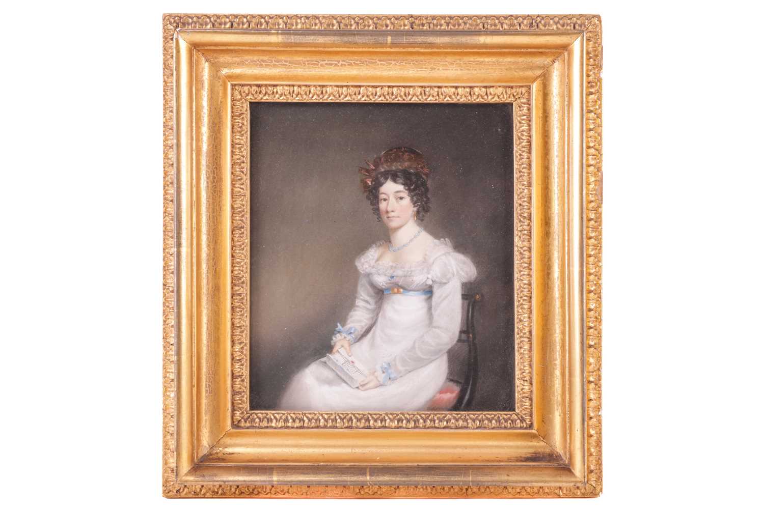 18th century British school, portait of a Lady holding a letter, pastel on paper, 23 cm x 20 cm, gla