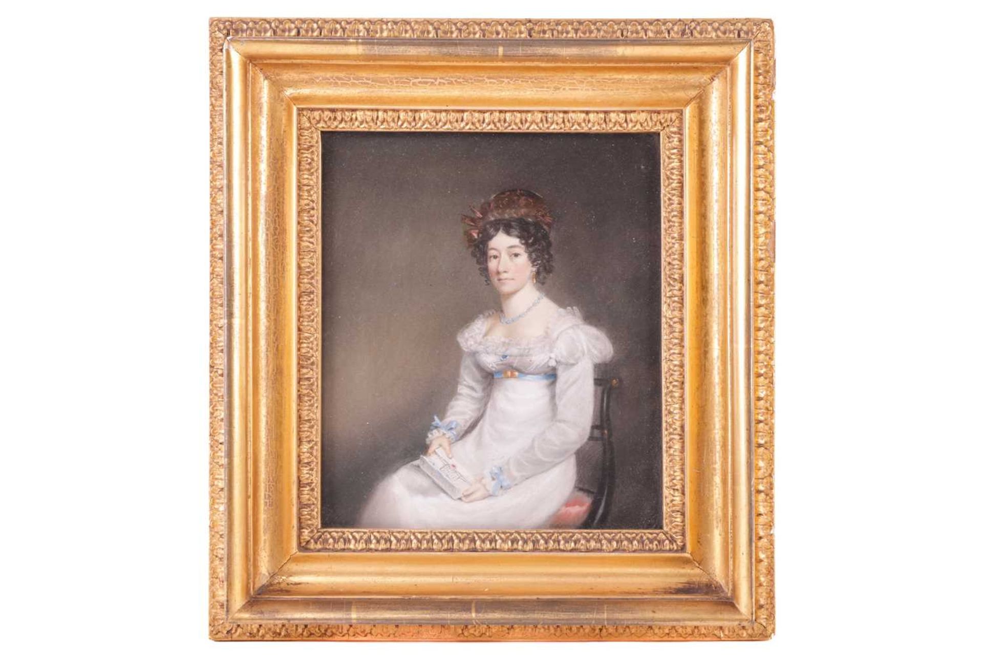 18th century British school, portait of a Lady holding a letter, pastel on paper, 23 cm x 20 cm, gla