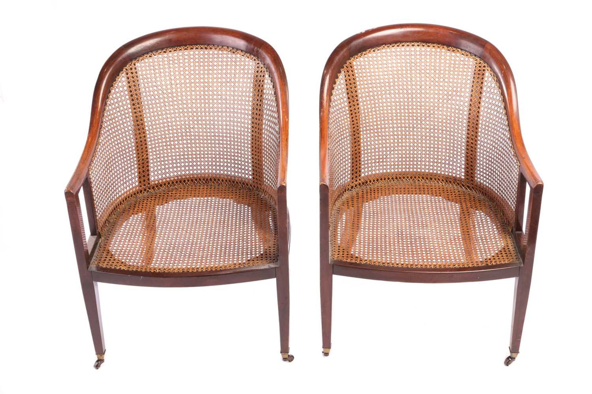 A pair of George IV-style mahogany horseshoe-backed bergerer salon armchairs, 20th-century, each wit - Image 2 of 8