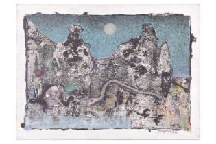 John Kingerlee (b. 1936), Abstract landscape with figures and serpent, signed 'Kingerlee 76.77' (