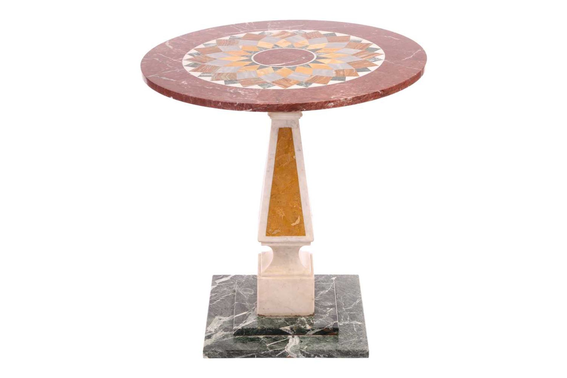 A circular pietra dura pillar table, 20th century, the top inlaid with a central stylized radiant su - Bild 2 aus 6