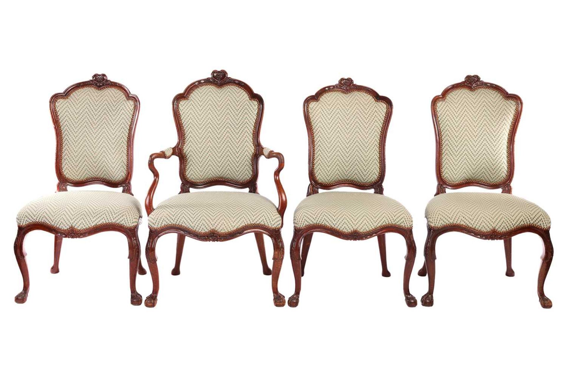 A set of seven George II style walnut cartouch backed dining chairs, possibly Irish C1900, the set c - Image 4 of 7