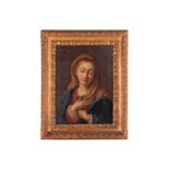 Italian School, late 17th century, Portrait of the Madonna in blue and red, inscribed top left 'Ecce