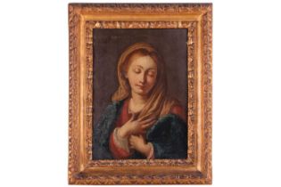 Italian School, late 17th century, Portrait of the Madonna in blue and red, inscribed top left 'Ecce