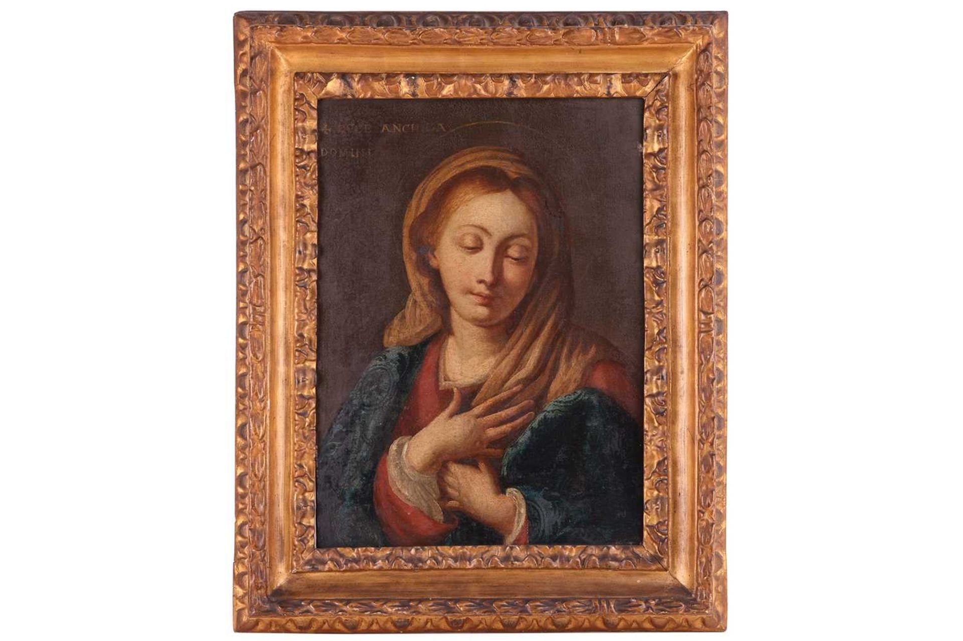 Italian School, late 17th century, Portrait of the Madonna in blue and red, inscribed top left 'Ecce