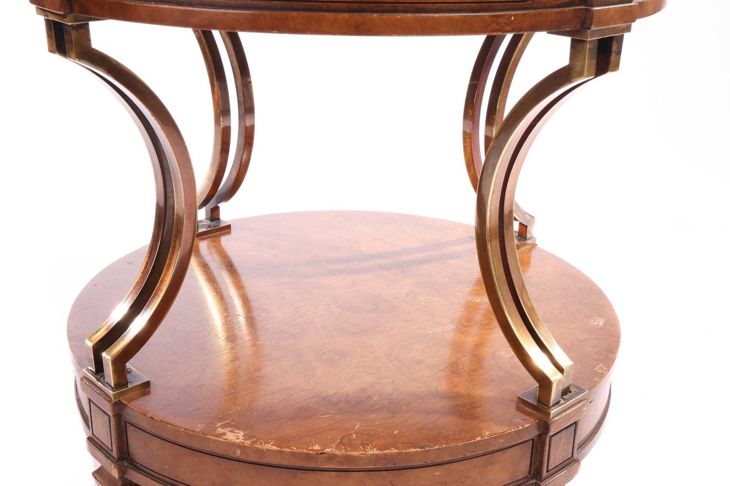 A French Empire-style two-tier drum burr walnut table with concave gilt brass supports over a confor - Image 7 of 10
