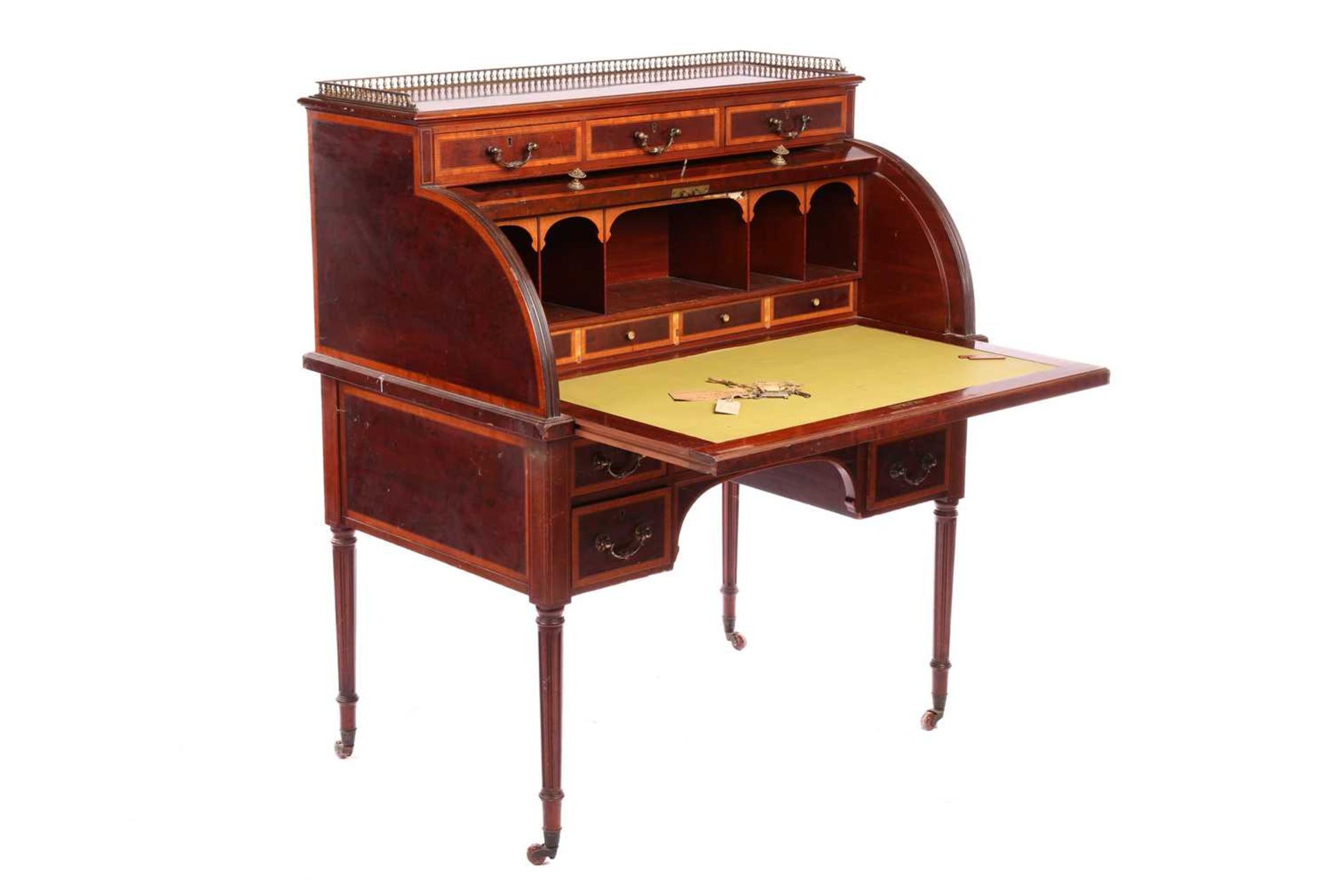 A Hobbs &amp; Co, Edwardian 'plum pudding' mahogany and marquetry cylinder writing bureau with a thr - Image 5 of 7
