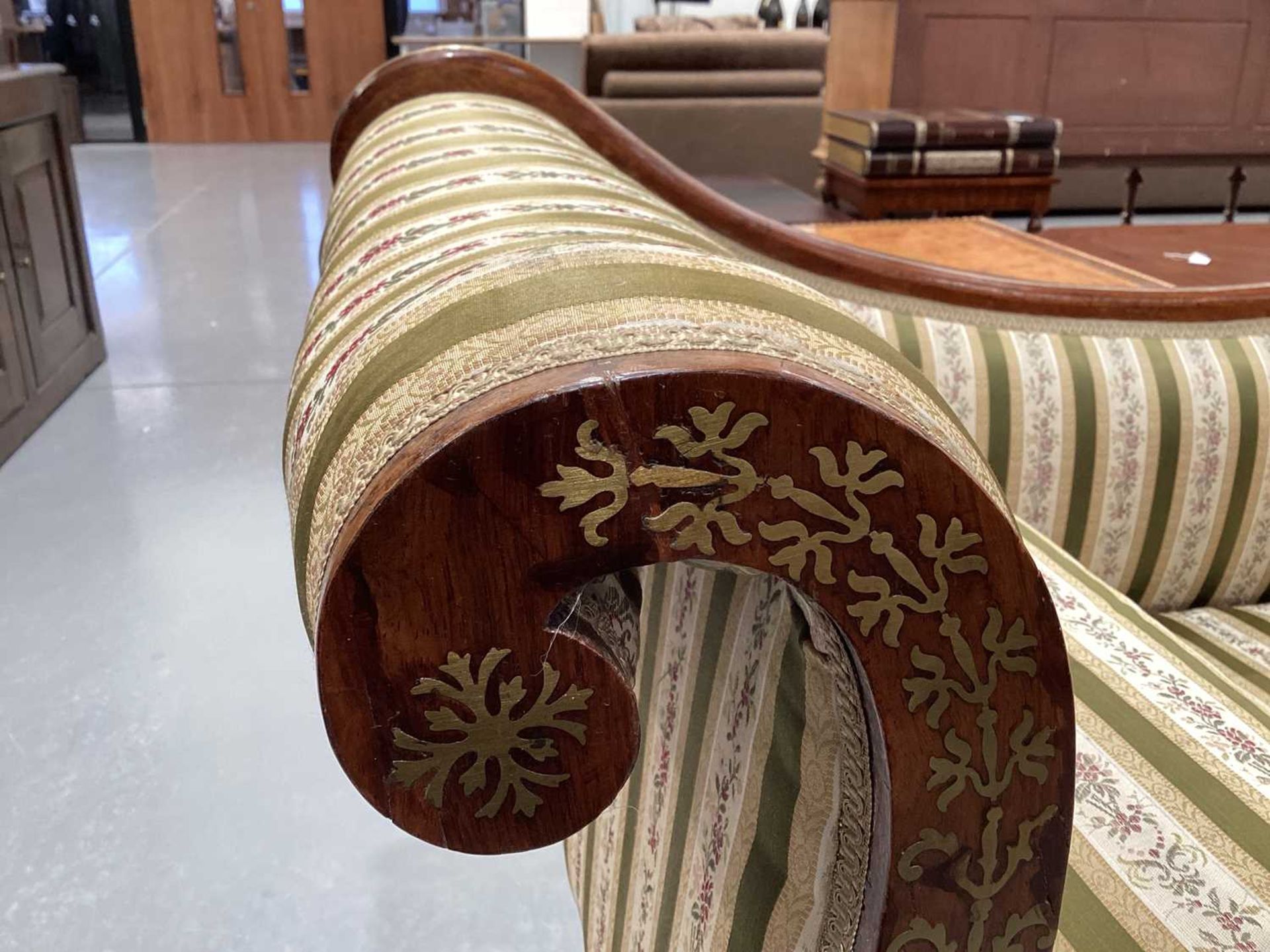 In the manner of John McLean a Regency brass inlaid rosewood double scroll chaise longue, with spent - Image 11 of 11