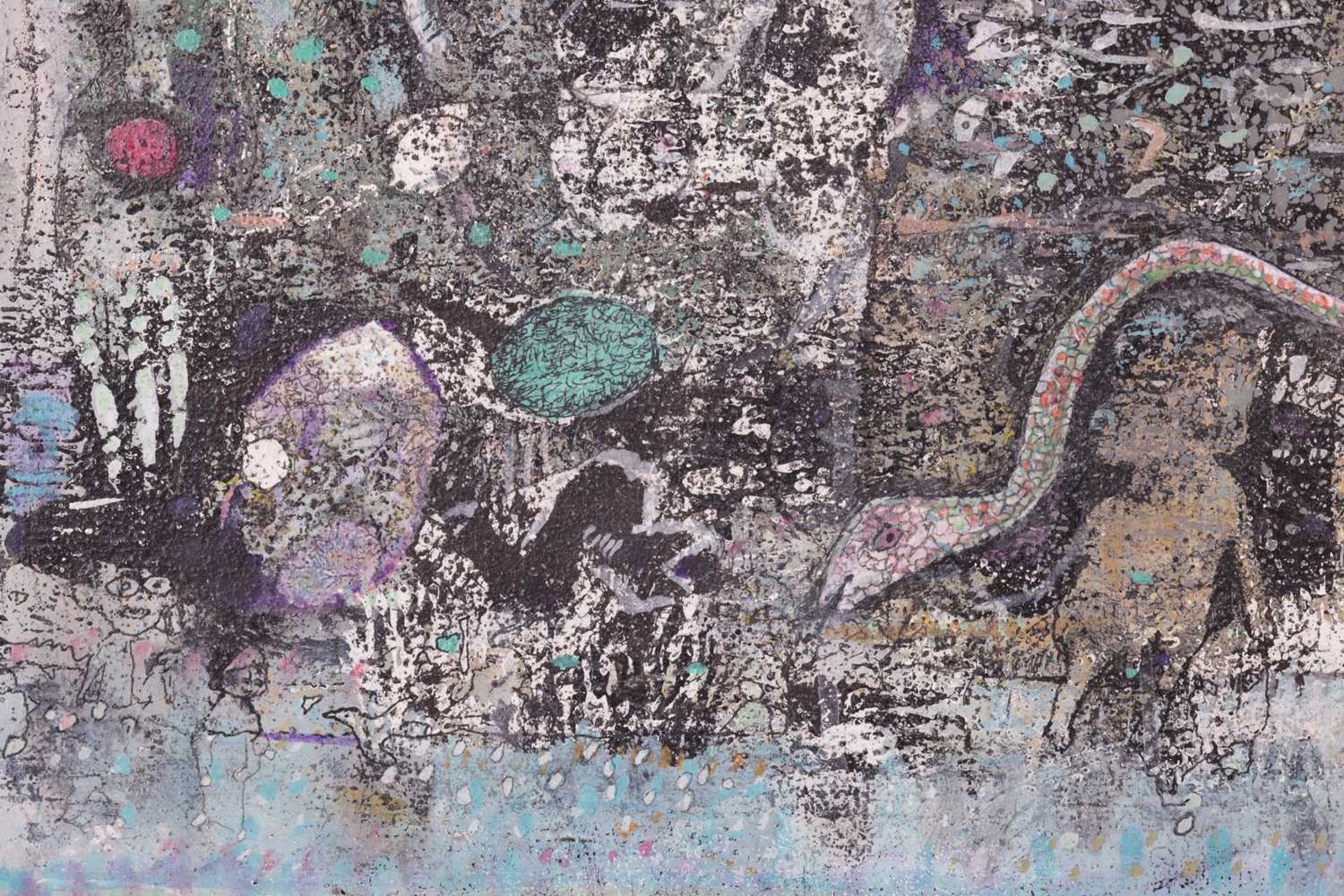 John Kingerlee (b. 1936), Abstract landscape with figures and serpent, signed 'Kingerlee 76.77' (low - Image 6 of 11
