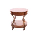 A French Empire-style two-tier drum burr walnut table with concave gilt brass supports over a confor
