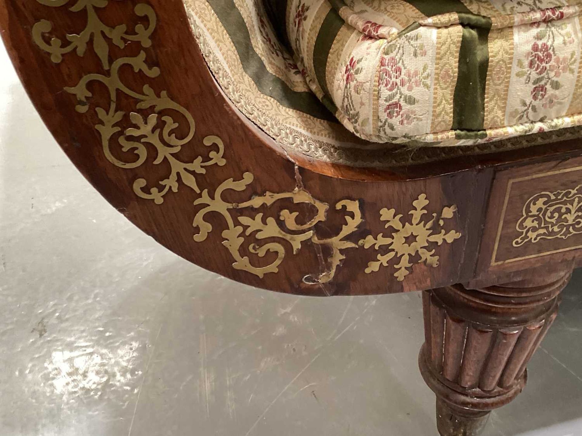 In the manner of John McLean a Regency brass inlaid rosewood double scroll chaise longue, with spent - Image 10 of 11