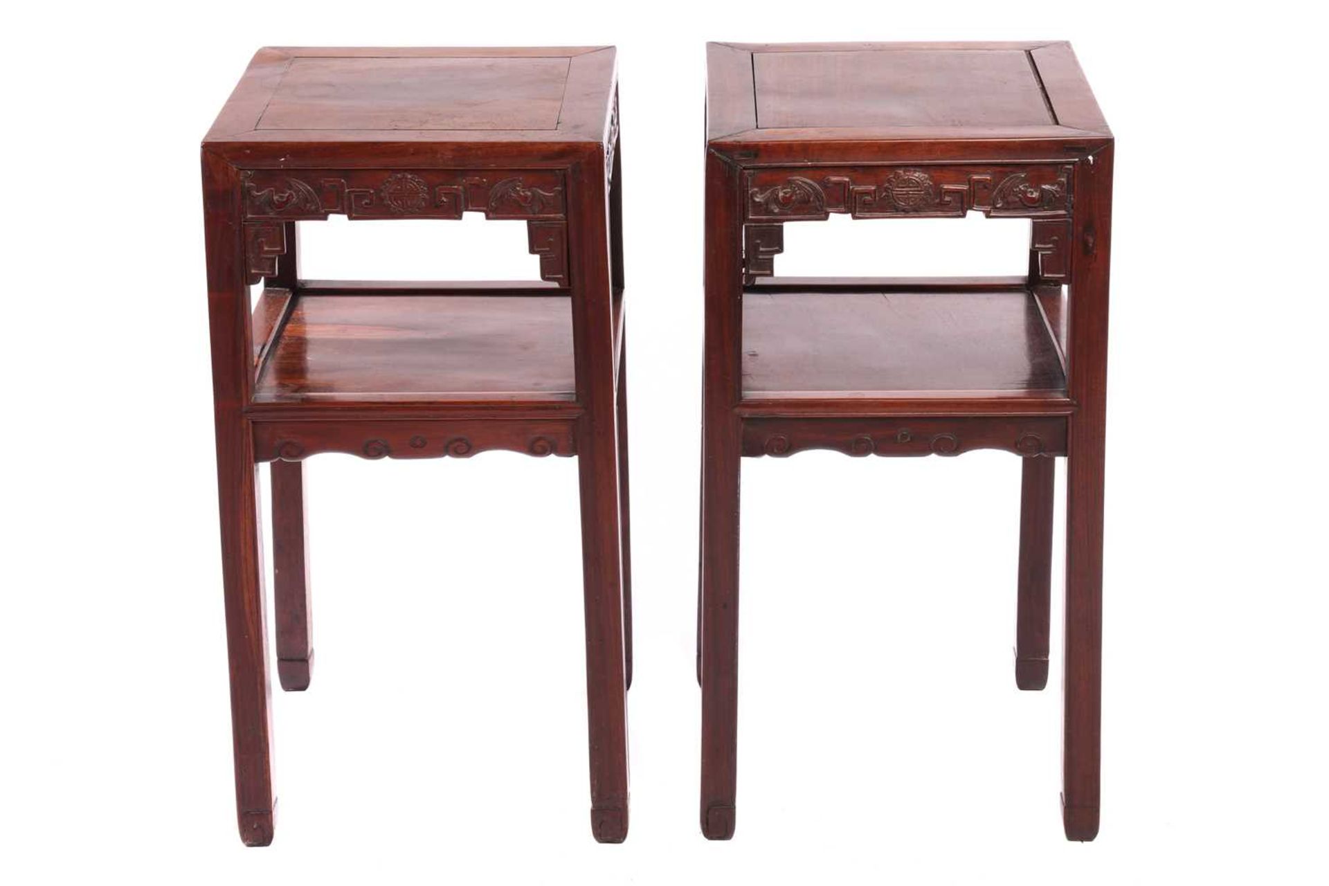 A pair of Chinese Hongmu two-tier pedestal urn tables, Qing Dynasty late 19th century, with square c - Image 2 of 5