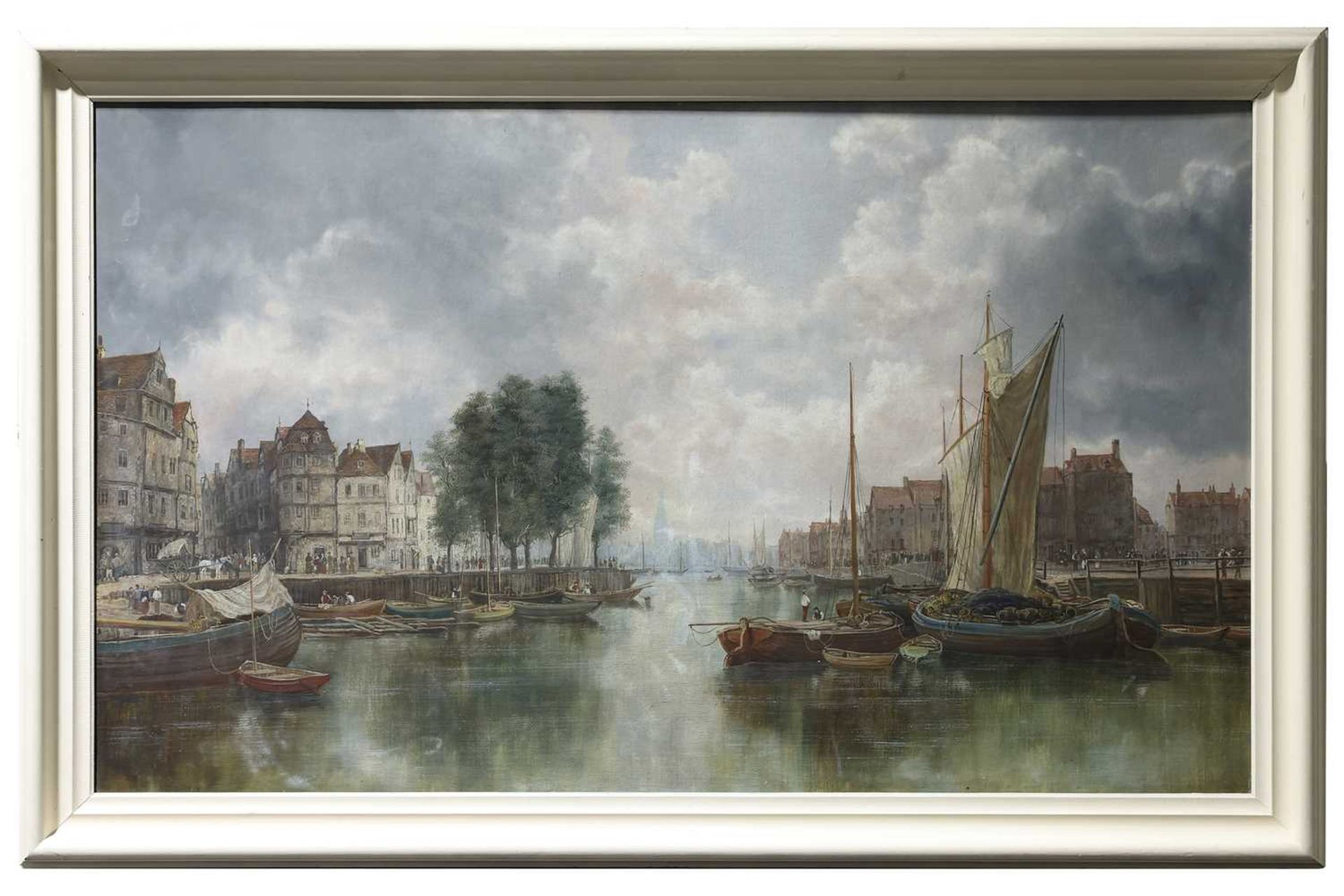 Attributed to William Howard (1879 - 1945) German, Vessels in a town harbour, unsigned, oil on canva