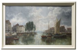 Attributed to William Howard (1879 - 1945) German, Vessels in a town harbour, unsigned, oil on