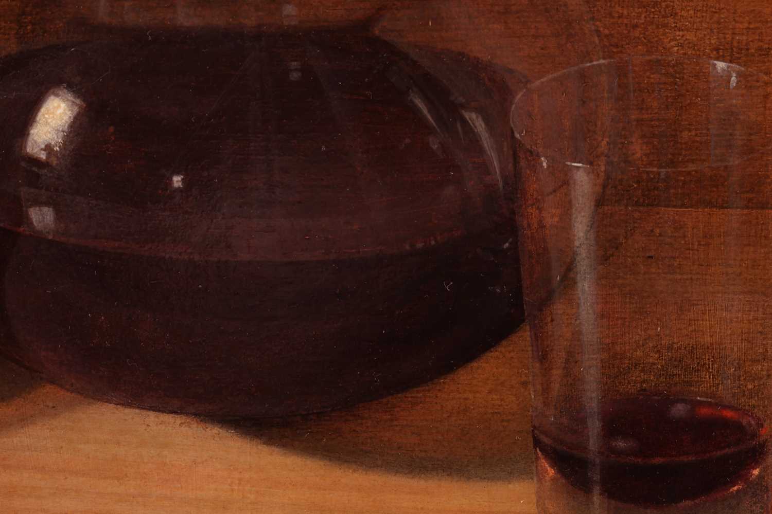 T.W. (English School, 20th century), Still life of a flask of red wine and glass, inscribed below 'T - Image 3 of 8