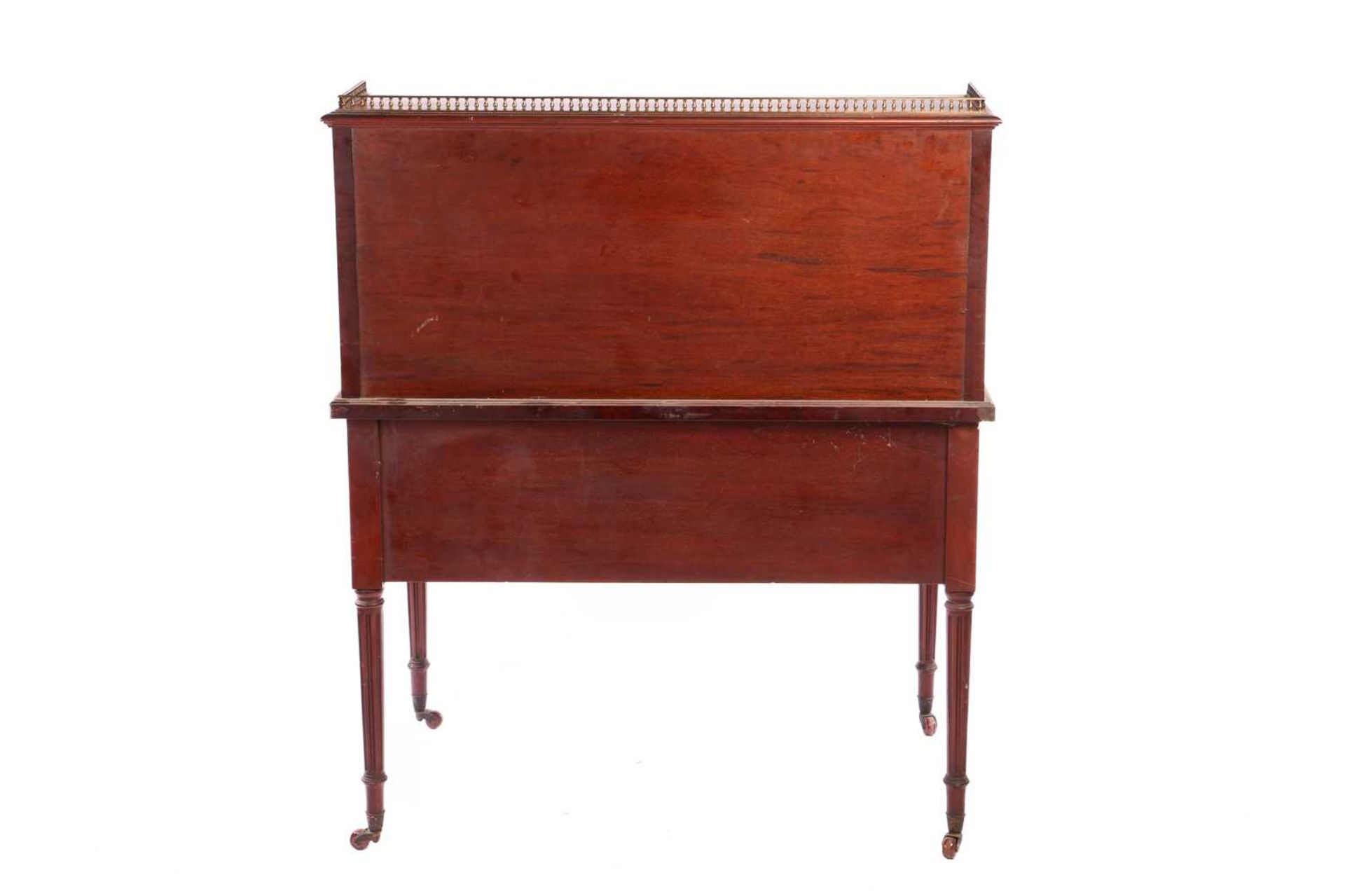 A Hobbs &amp; Co, Edwardian 'plum pudding' mahogany and marquetry cylinder writing bureau with a thr - Image 7 of 7
