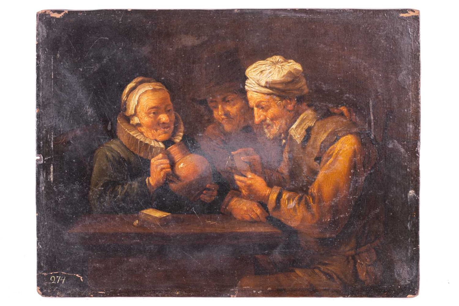 Manner of Joos Van Craesbeeck (Flanders, 1605 - 1660), Three figures playing cards, numbered 274, oi