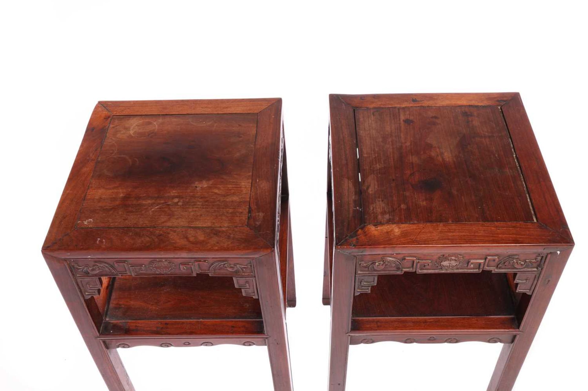 A pair of Chinese Hongmu two-tier pedestal urn tables, Qing Dynasty late 19th century, with square c - Image 3 of 5