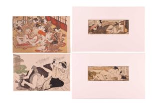 A small collection of Japanese Edo period erotic woodblock prints (Shunga) including Shuncho,