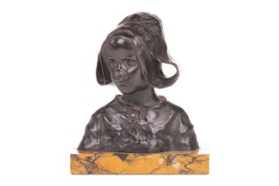 Ruth Milles (1873-1941), Head of a Breton Girl, patinated bronze on a marble base, signed verso,