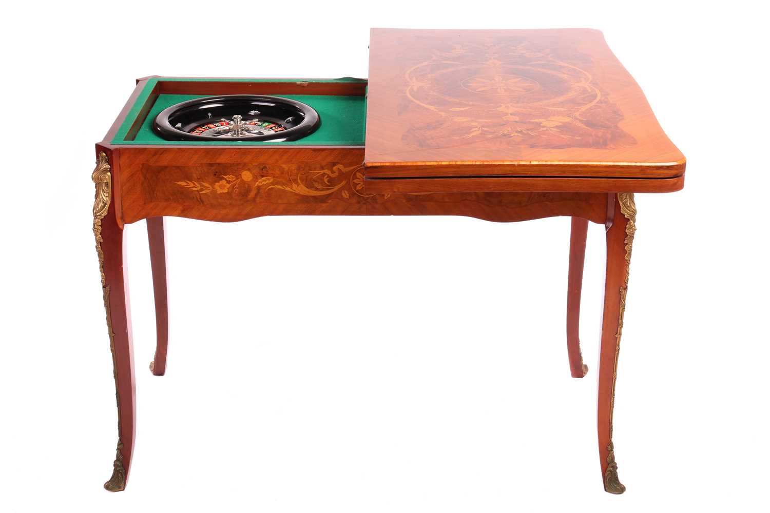 An Italian Dal Negro walnut and marquetry gaming/roulette table, and gaming compendium the fold over